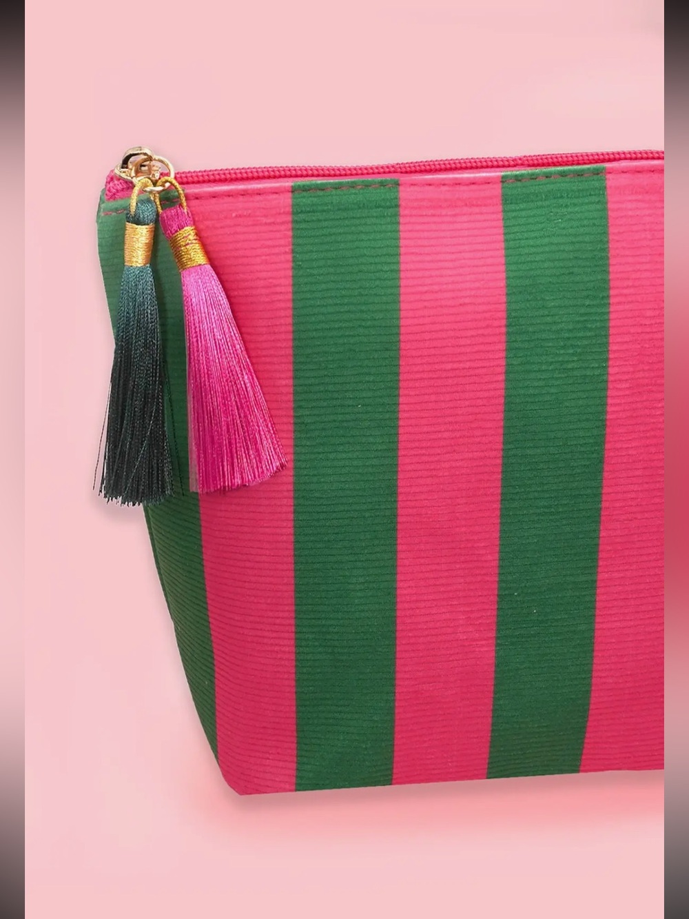 Striped Pink and Green Tassel Cosmetic Pouch